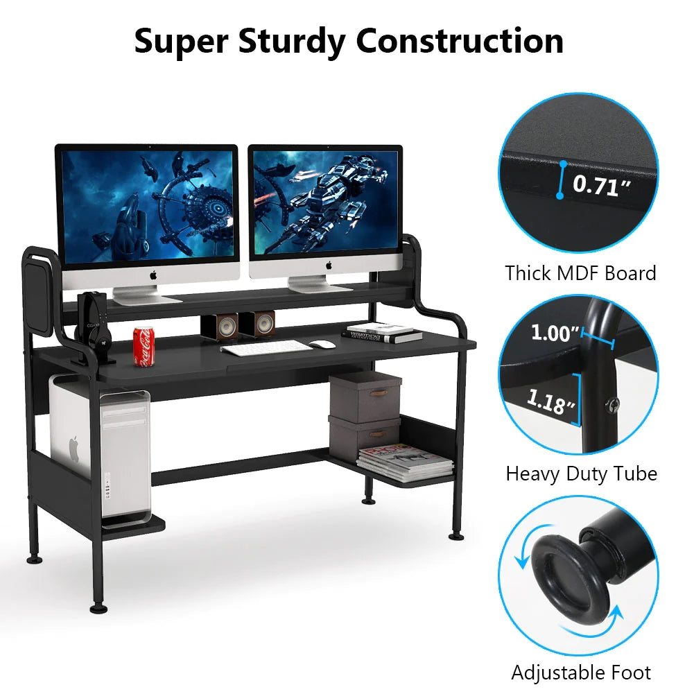 Gaming Desk, 55-Inch Computer Desk with Monitor Shelf
