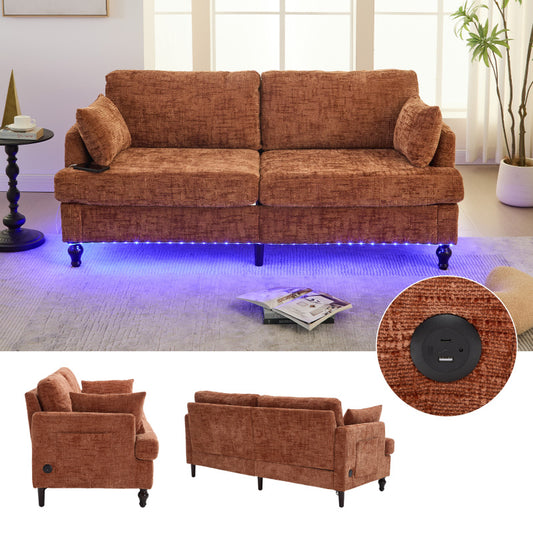 Modern style chenille 2-seater wood-legged sofa with LED light, USB charging port and storage bag Living room Bedroom Study room