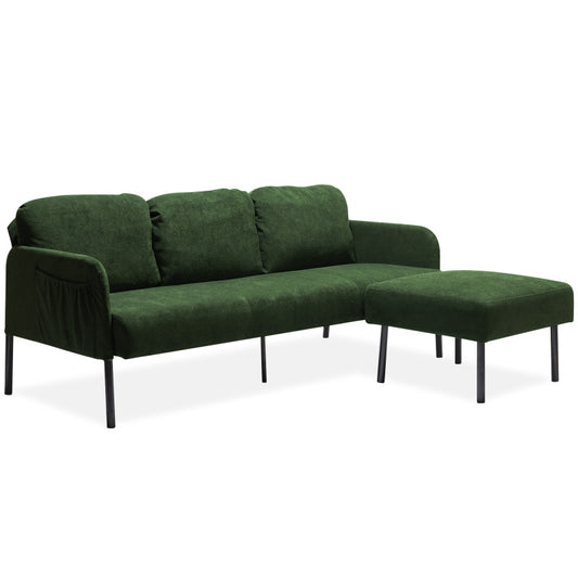 3 Seater L-Shaped Green Polyester Fabric Sofa with Ottoman, Modern Upholstered Sofa, Comfy Small Couches for Small Space Living Room, Bedroom, Office, Apartment
