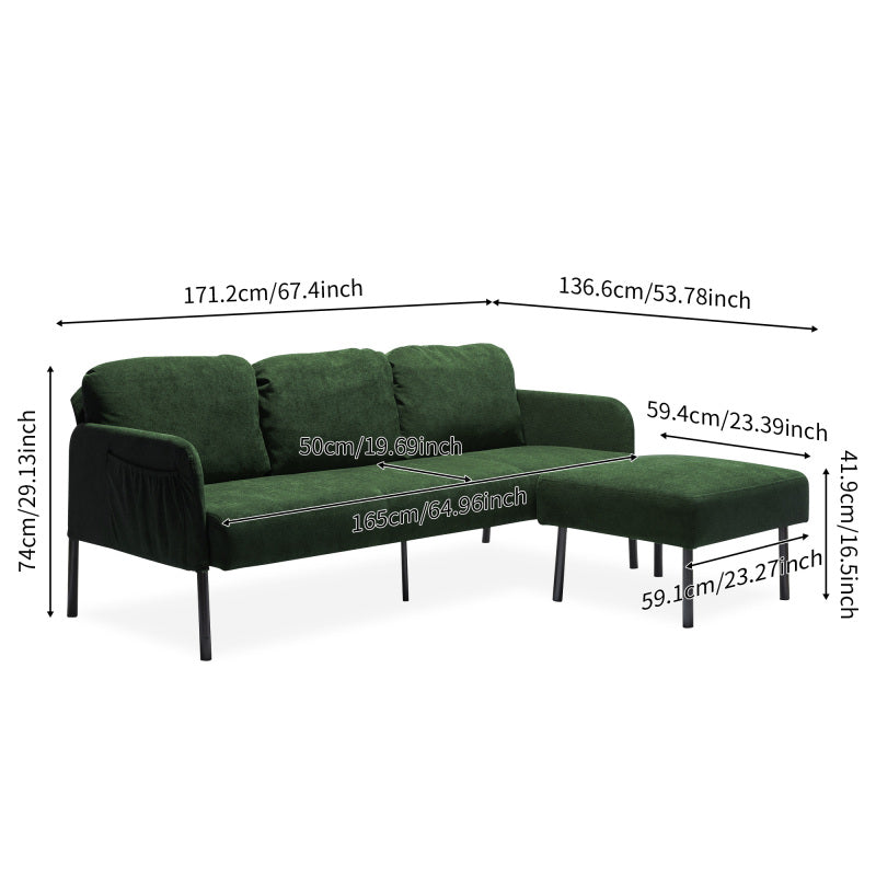 3 Seater L-Shaped Green Polyester Fabric Sofa with Ottoman, Modern Upholstered Sofa, Comfy Small Couches for Small Space Living Room, Bedroom, Office, Apartment