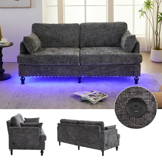 Modern style chenille 2-seater wood-legged sofa with LED light, USB charging port and storage bag Living room Bedroom Study room