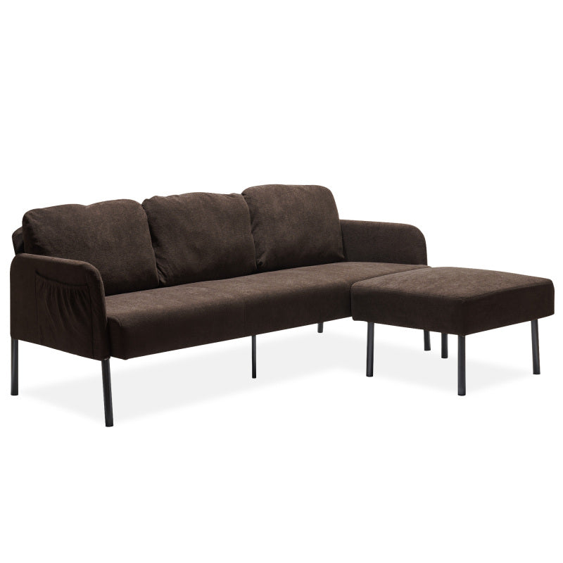 3 Seater L-Shaped Brown Polyester Fabric Sofa with Ottoman, Modern Upholstered Sofa, Comfy Small Couches for Small Space Living Room, Bedroom, Office, Apartment