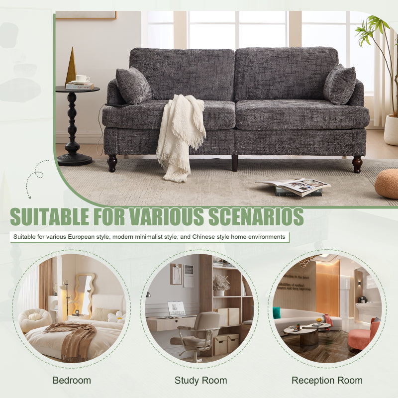 Modern style chenille 2-seater wood-legged sofa with LED light, USB charging port and storage bag Living room Bedroom Study room