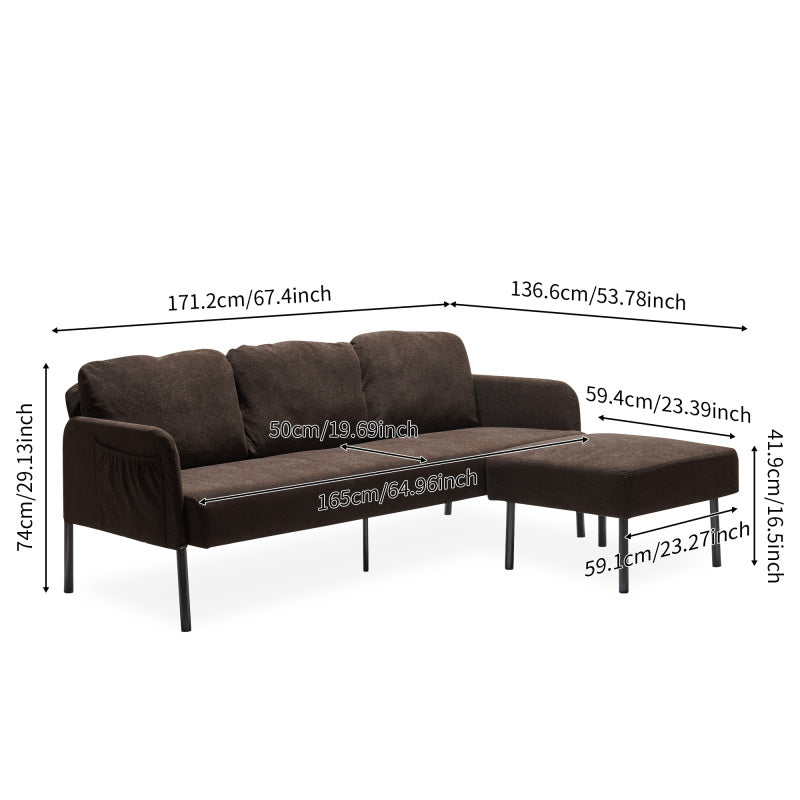 3 Seater L-Shaped Brown Polyester Fabric Sofa with Ottoman, Modern Upholstered Sofa, Comfy Small Couches for Small Space Living Room, Bedroom, Office, Apartment