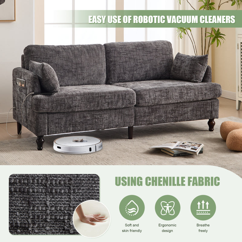 Modern style chenille 2-seater wood-legged sofa with LED light, USB charging port and storage bag Living room Bedroom Study room