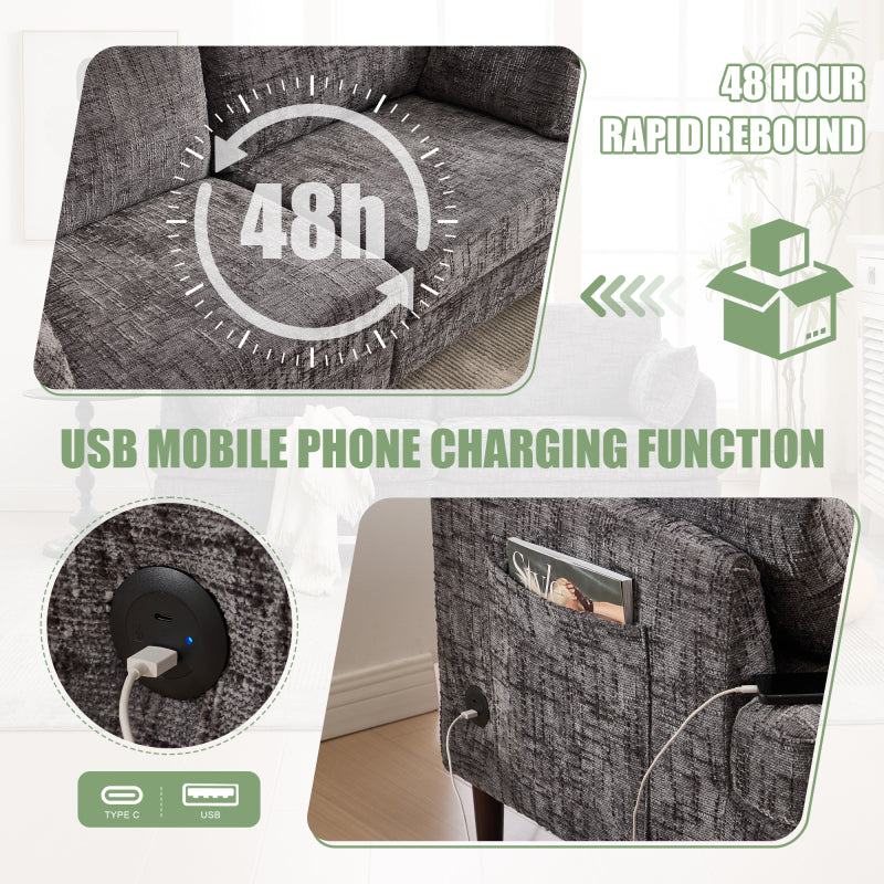 Modern style chenille 2-seater wood-legged sofa with LED light, USB charging port and storage bag Living room Bedroom Study room