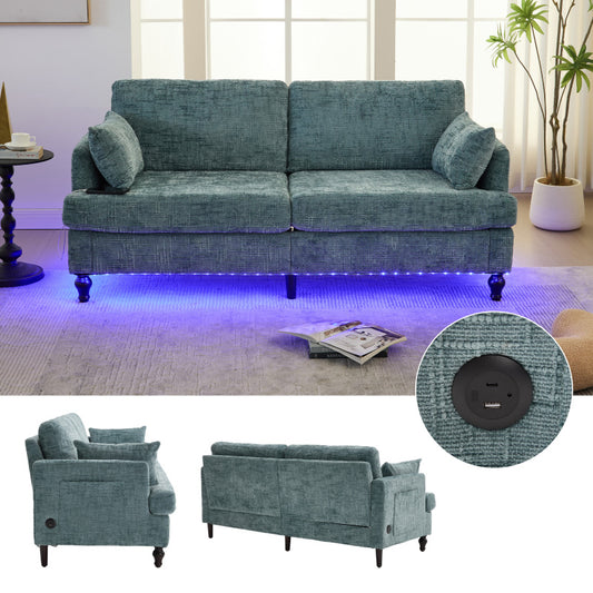 Modern style chenille 2-seater wood-legged sofa with LED light, USB charging port and storage bag Living room Bedroom Study room