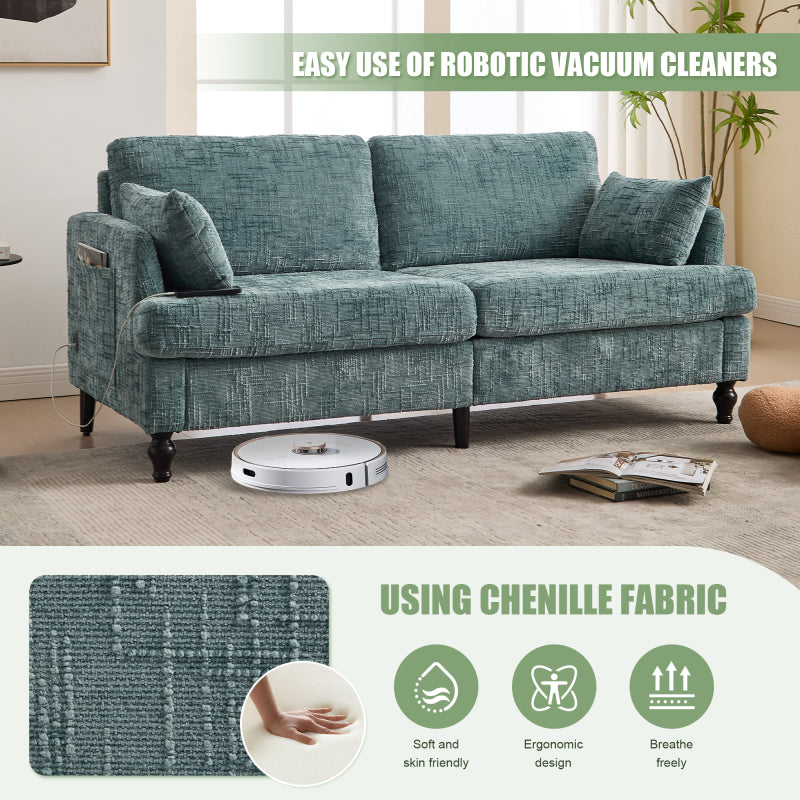 Modern style chenille 2-seater wood-legged sofa with LED light, USB charging port and storage bag Living room Bedroom Study room