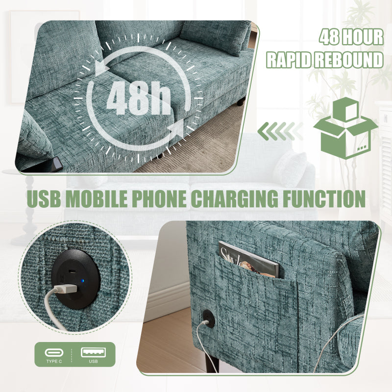 Modern style chenille 2-seater wood-legged sofa with LED light, USB charging port and storage bag Living room Bedroom Study room