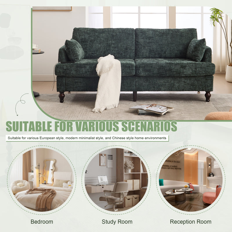 Modern style chenille 2-seater wood-legged sofa with LED light, USB charging port and storage bag Living room Bedroom Study room