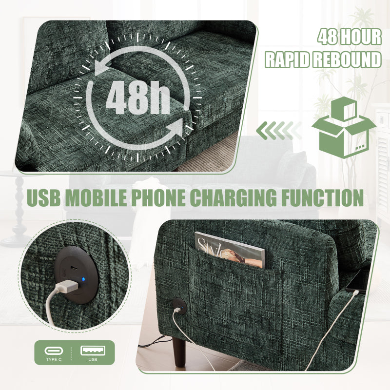 Modern style chenille 2-seater wood-legged sofa with LED light, USB charging port and storage bag Living room Bedroom Study room