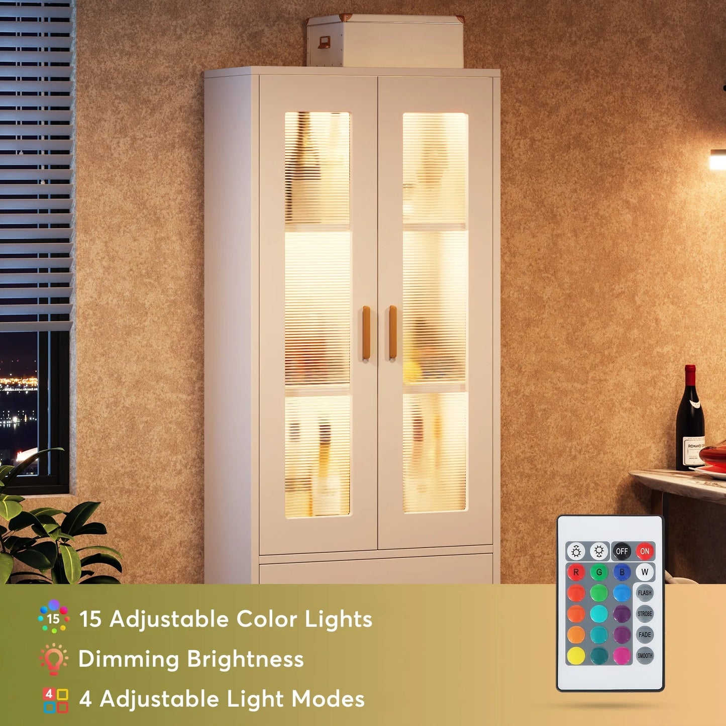 Tribesigns Bookcase, White Bookshelf with LED Light, Frosted Doors & 2 Drawers