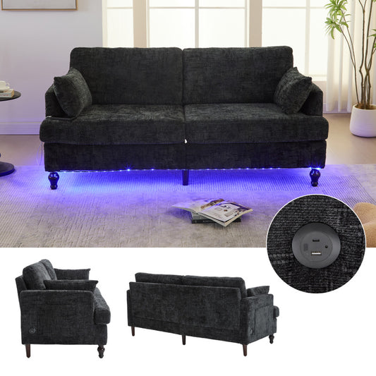 Modern style chenille 2-seater wood-legged sofa with LED light, USB charging port and storage bag Living room Bedroom Study room