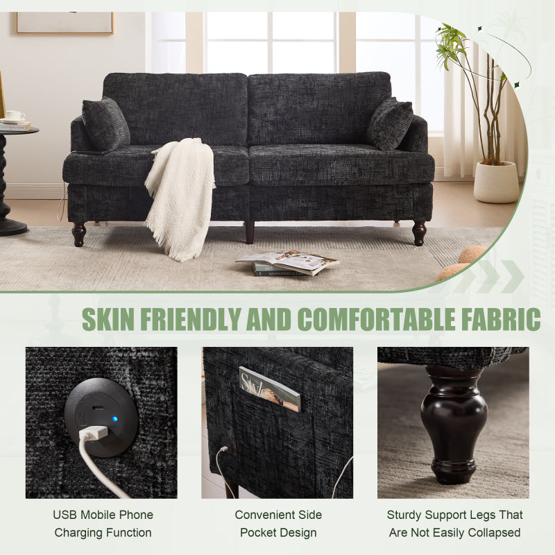 Modern style chenille 2-seater wood-legged sofa with LED light, USB charging port and storage bag Living room Bedroom Study room