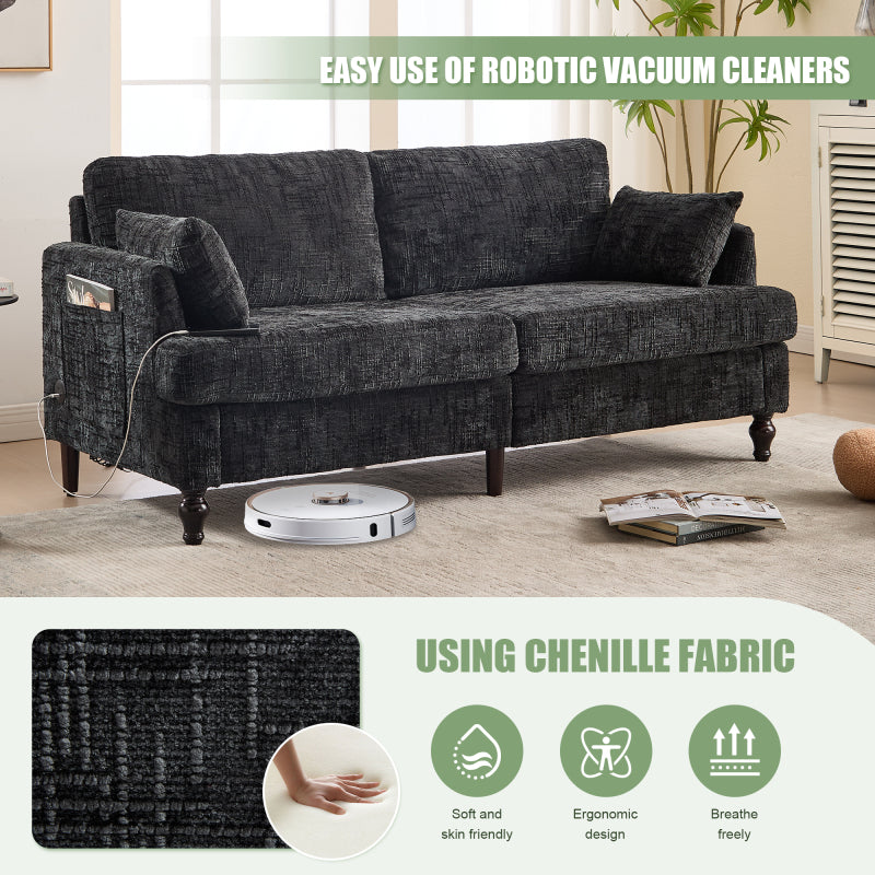 Modern style chenille 2-seater wood-legged sofa with LED light, USB charging port and storage bag Living room Bedroom Study room