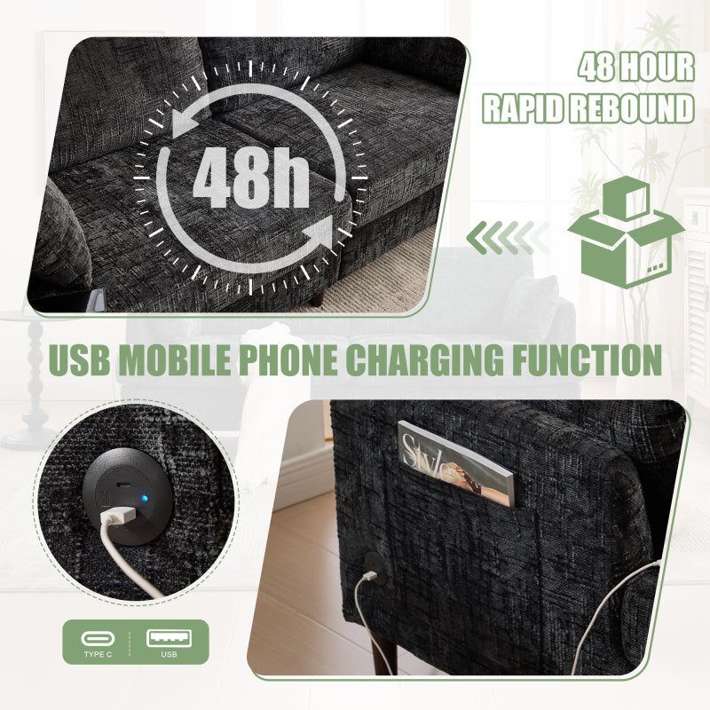 Modern style chenille 2-seater wood-legged sofa with LED light, USB charging port and storage bag Living room Bedroom Study room