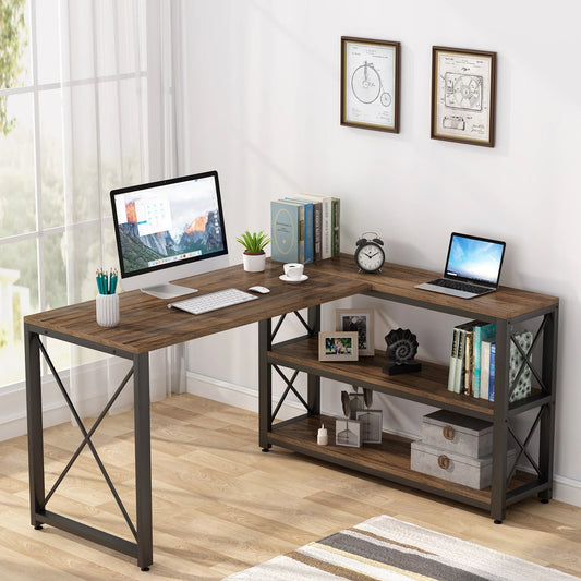 L-Shaped Desk, Reversible Corner Computer Desk with Shelves
