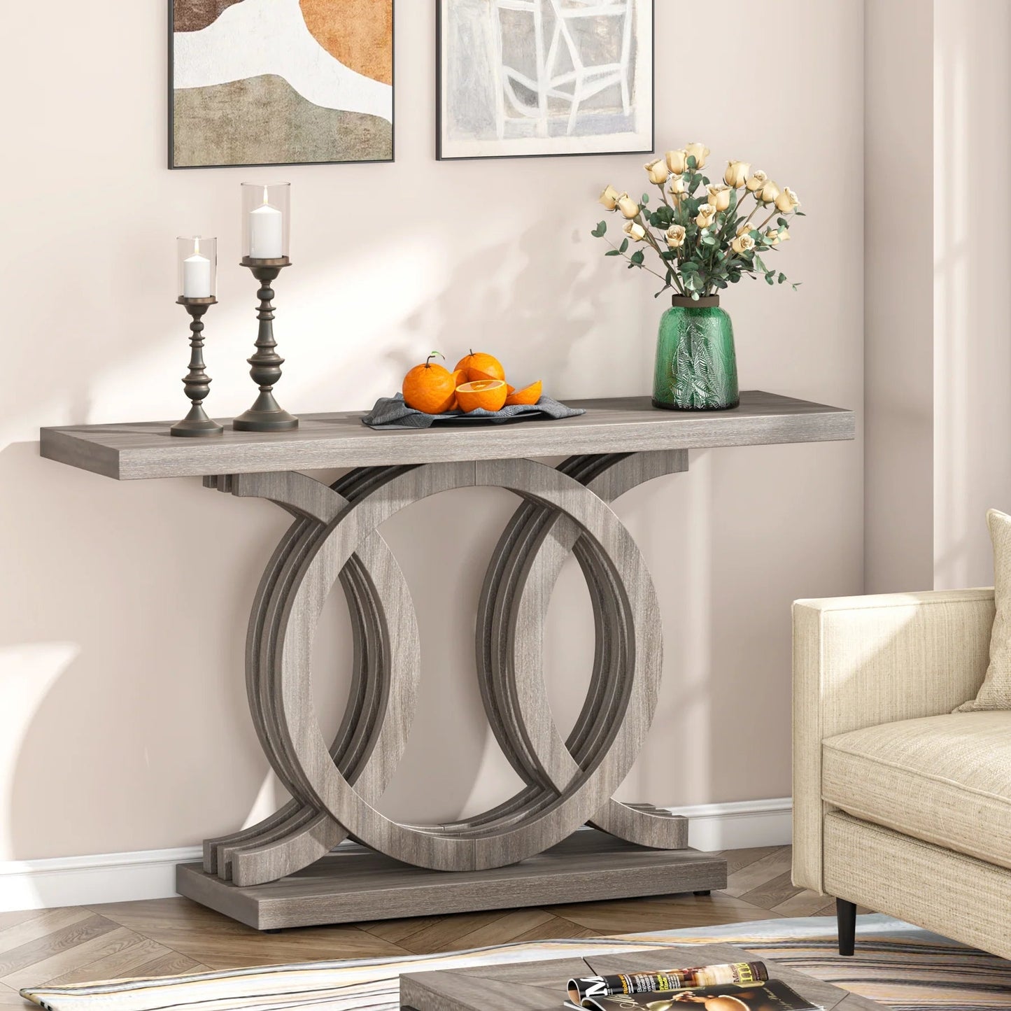 Console Table, 55" Farmhouse Hallway Sofa Table With Geometric Base
