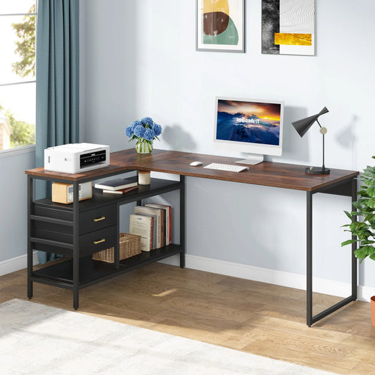 L-Shaped Desk, 59" Computer Desk with 2 Drawers & Storage Shelves