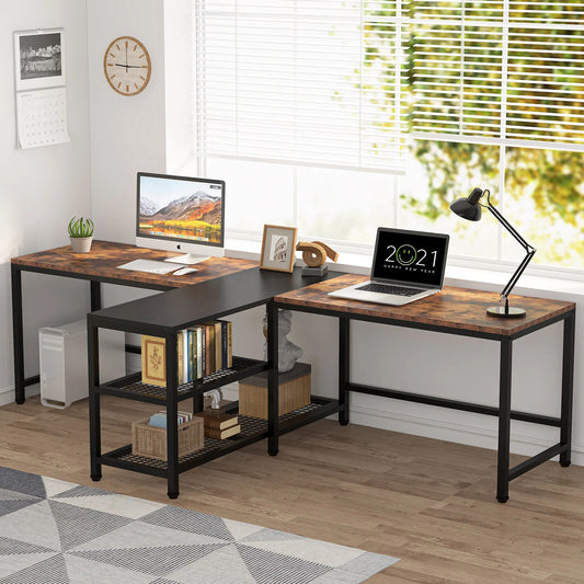 Two Person Desk, 94.5" Double Computer Desk with Shelves