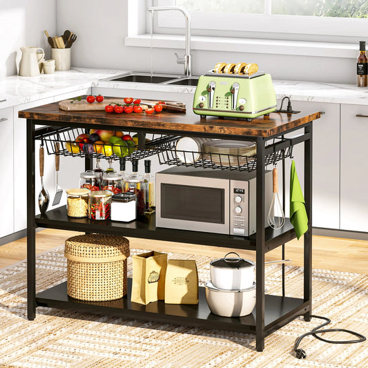 Kitchen Island, kitchen Storage Organizer with Power outlets & Shelves