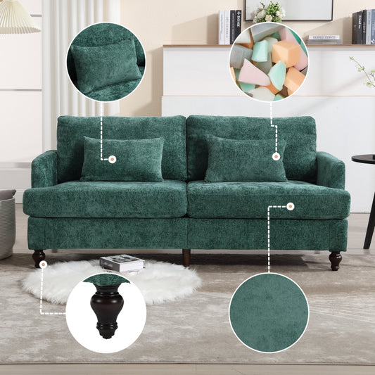 Mid Century Modern chenille Fabric Loveseat sofa, 2-Seat Upholstered Loveseat Sofa Modern Couch for Living Room,Brown wood feet sofa for Bedroom, Reading (Emerald Chenille)