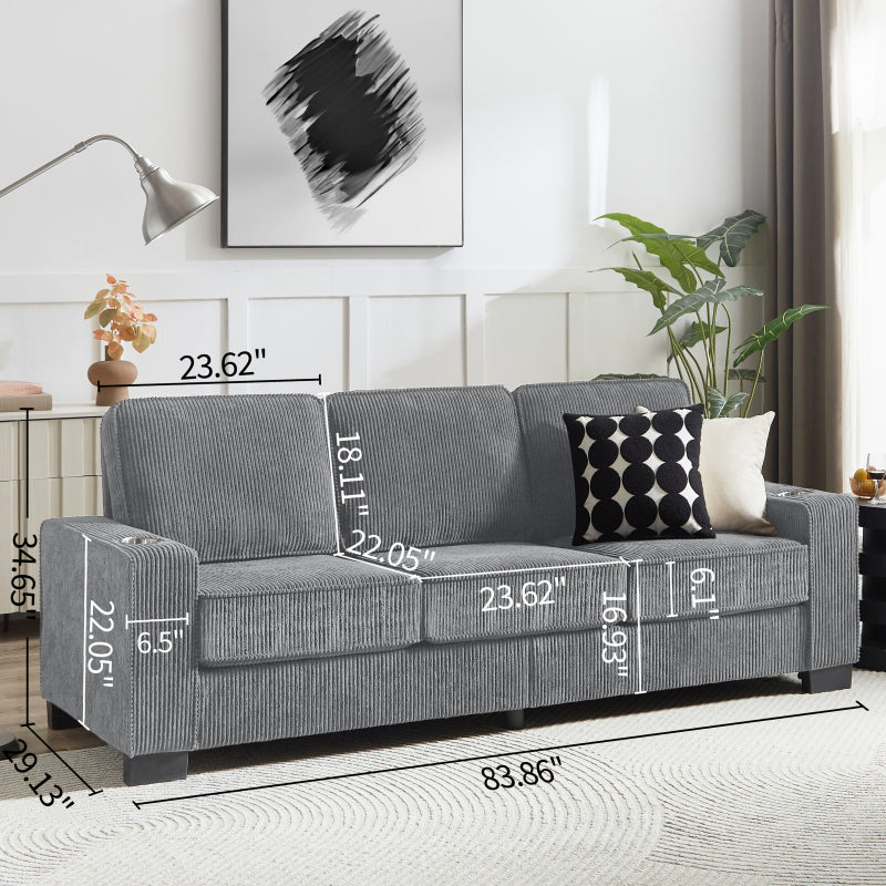 83.86"Corduroy Fabric sofa,Modern Compressed Couch,3-Seater Sofa, Furniture for Living Room,Bedroom,office ,Gray