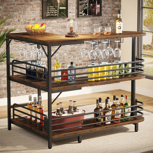 Bar Unit, 3 Tier L-Shaped Liquor Bar Table with Wine Glasses Holder