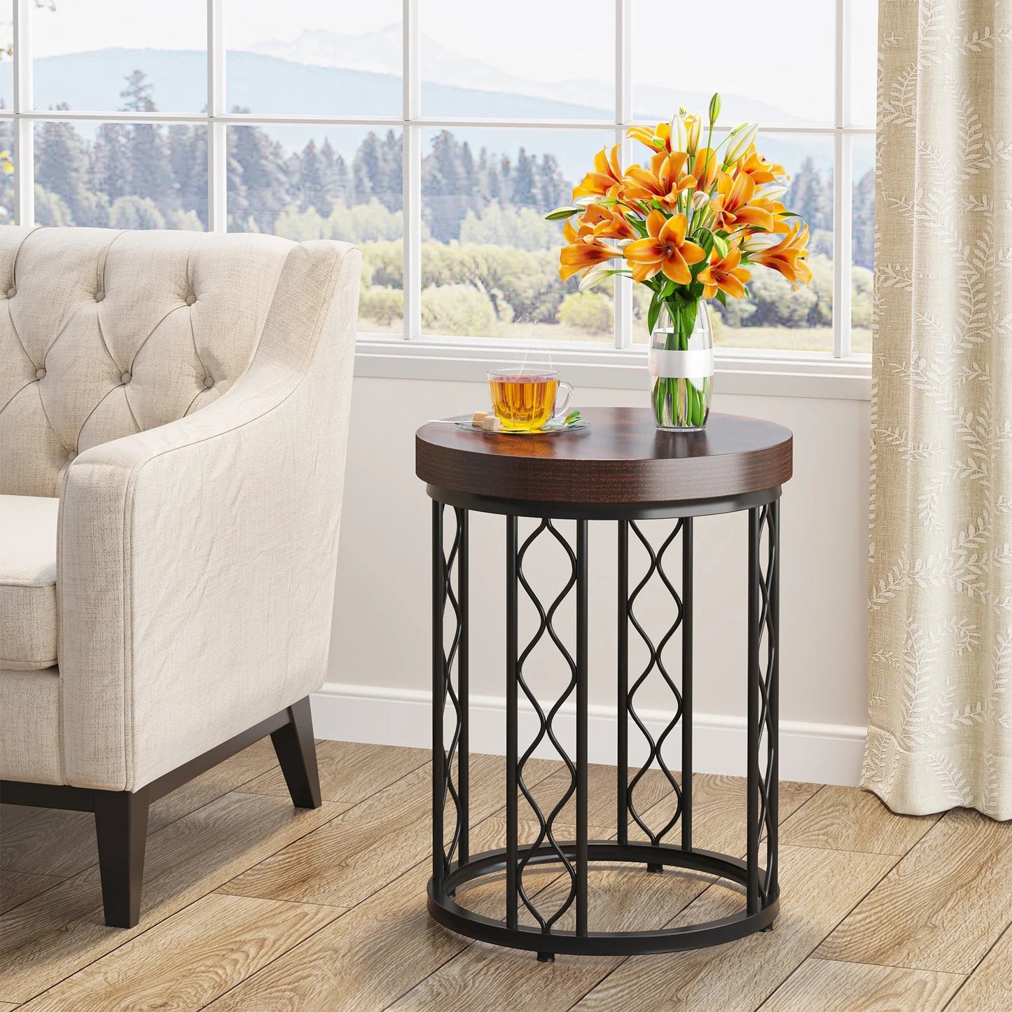 End Table, Round Side Table Nightstand with Metal Frame