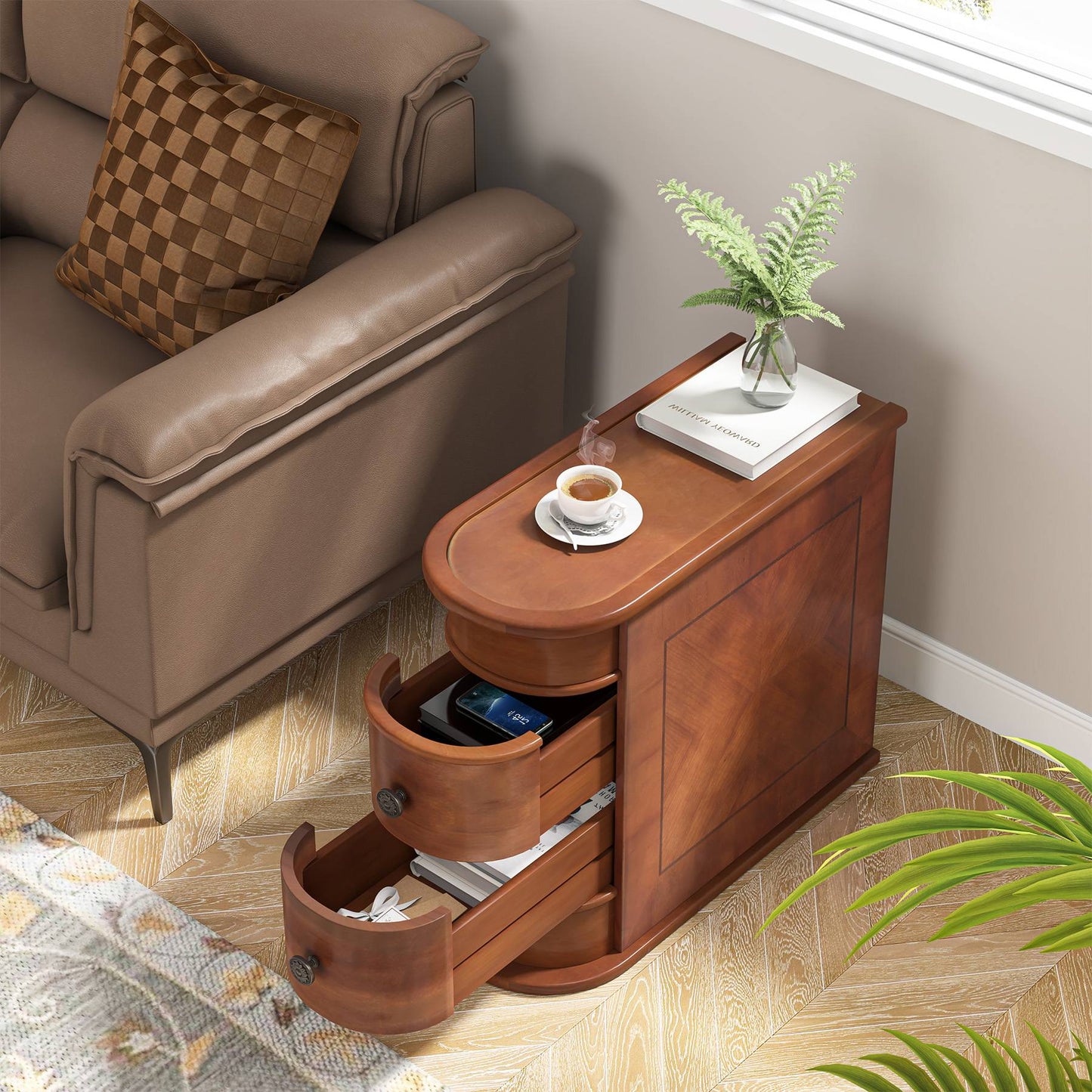 End Table, Sofa Bedside Narrow Accent Tables with 2 Drawers