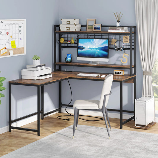 L-Shaped Desk, Reversible Corner Computer Desk with Power Outlet