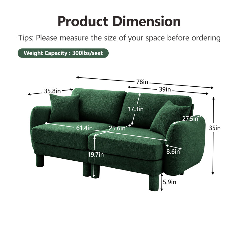 Boucle Fabric 2-seater Loveseat Sofa Couch Distinctive Shell-shaped Armrests,Cylindrical Legs Wrapped with Self-fabric,Green Color