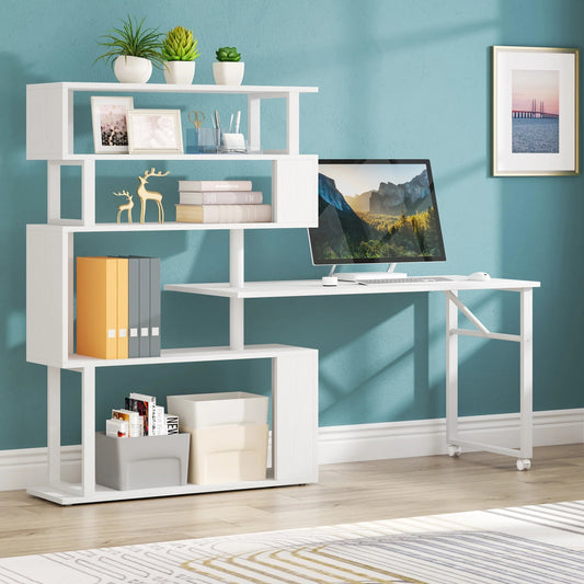 Rotating Desk, Reversible Computer Desk with 5 Shelves