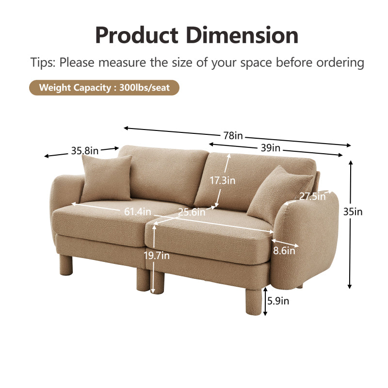Boucle Fabric 2-seater Loveseat Sofa Couch With Distinctive Shell-shaped Armrests,Cylindrical Legs Wrapped with Self-fabric,Coffee Color
