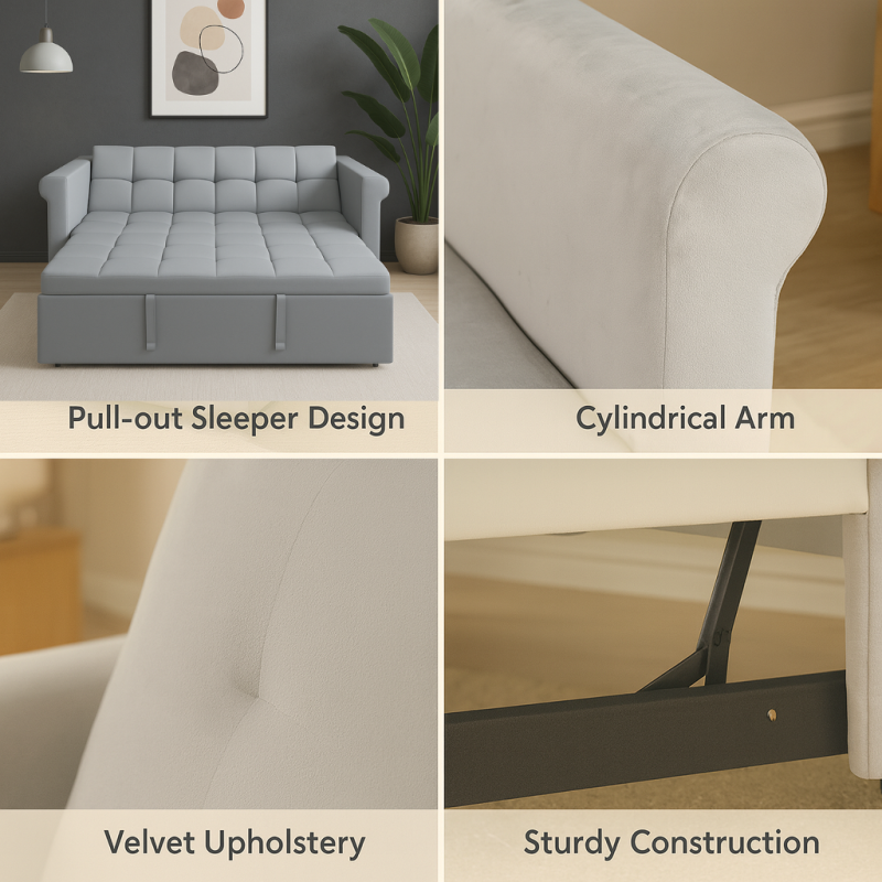 2-SEATER CONVERTIBLE VELVET LOVESEAT SOFA BED – GRAY PULL-OUT SLEEPER COUCH WITH SIDE POCKET, COMPACT DESIGN FOR SMALL SPACES, APARTMENT, GUEST ROOM