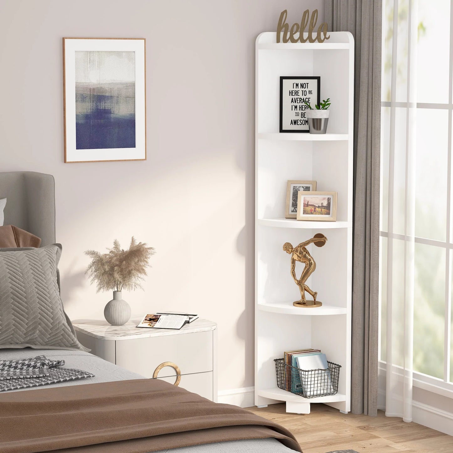 Corner Shelf, 5 Tier Wood Wall Corner Bookshelf Storage Rack