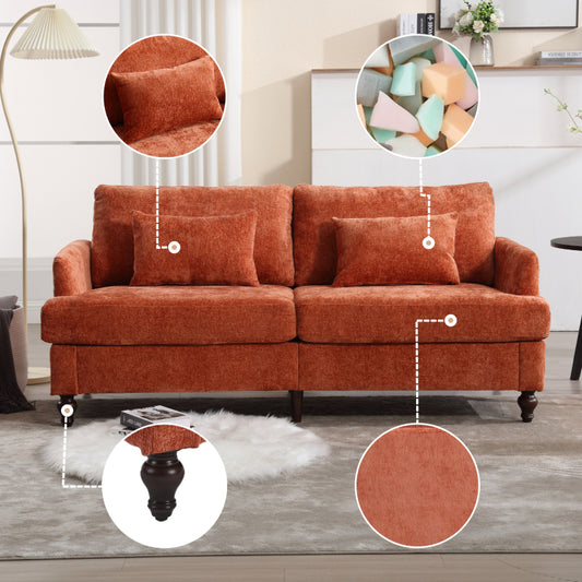 Mid Century Modern chenille Fabric Loveseat sofa, 2-Seat Upholstered Loveseat Sofa Modern Couch for Living Room,Brown wood feet sofa for Bedroom, Reading (Orange Chenille)