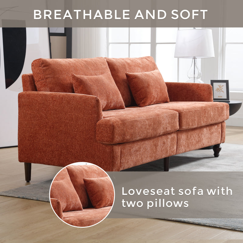 Mid Century Modern chenille Fabric Loveseat sofa, 2-Seat Upholstered Loveseat Sofa Modern Couch for Living Room,Brown wood feet sofa for Bedroom, Reading (Orange Chenille)