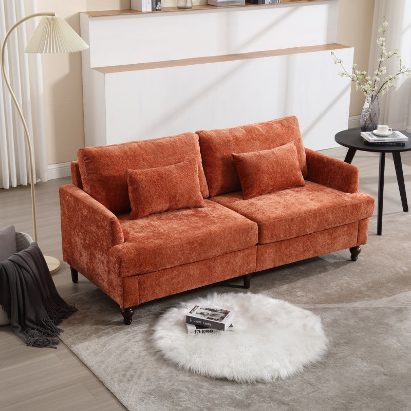 Mid Century Modern chenille Fabric Loveseat sofa, 2-Seat Upholstered Loveseat Sofa Modern Couch for Living Room,Brown wood feet sofa for Bedroom, Reading (Orange Chenille)