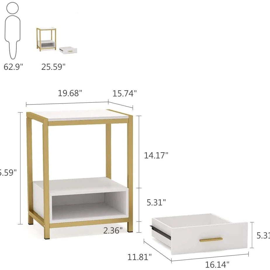 Nightstands, End Side Table with Drawer & Storage Shelf