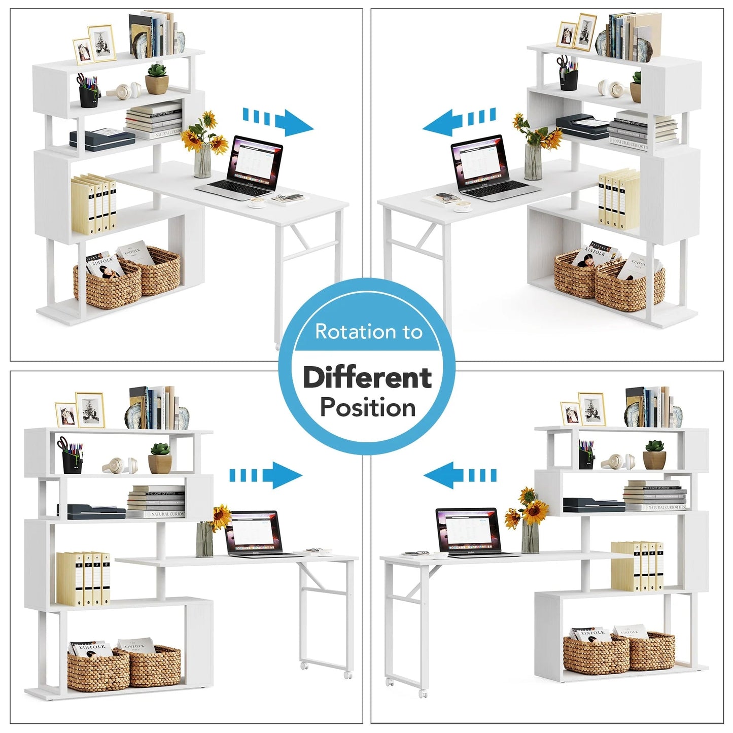 Rotating Desk, Reversible Computer Desk with 5 Shelves