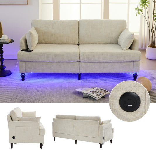 Modern style chenille 2-seater wood-legged sofa with LED light, USB charging port and storage bag Living room Bedroom Study room