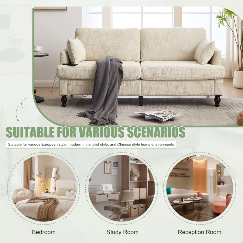 Modern style chenille 2-seater wood-legged sofa with LED light, USB charging port and storage bag Living room Bedroom Study room