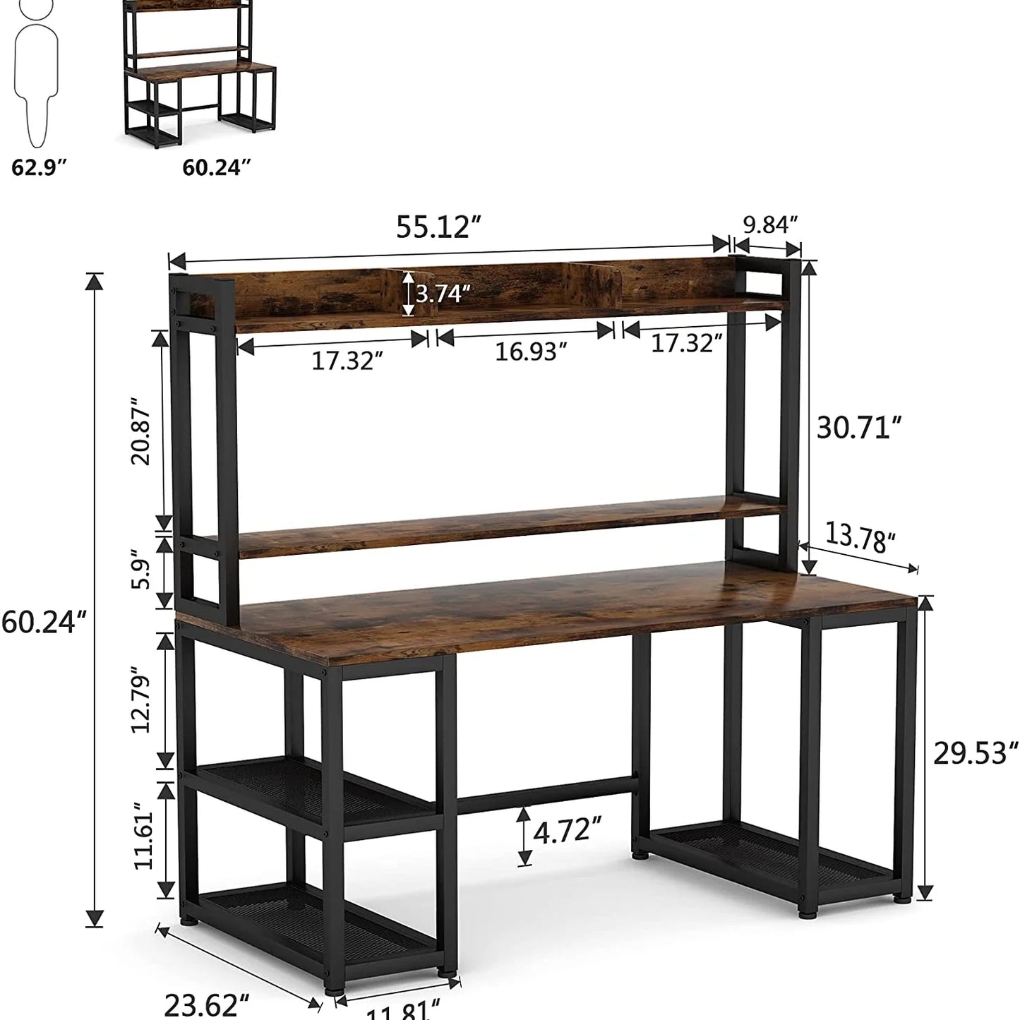 Computer Desk, 55" Hutch Desk Writing Table with Monitor Stand