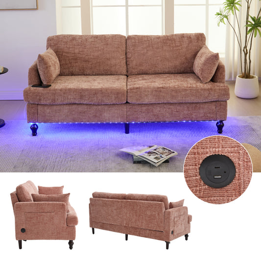 Modern style chenille 2-seater wood-legged sofa with LED light, USB charging port and storage bag Living room Bedroom Study room