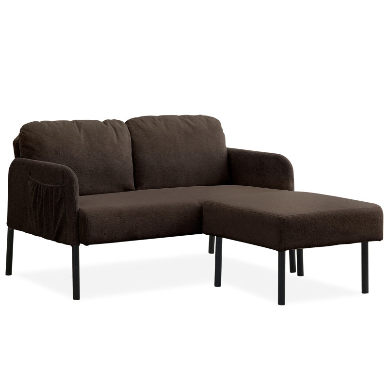 Brown L-Shaped 2 Seater Sofa with Ottoman, Modern Polyester Fabric Loveseat Sofa, Comfy Small Couches for Small Space Living Room, Bedroom, Office, Apartment