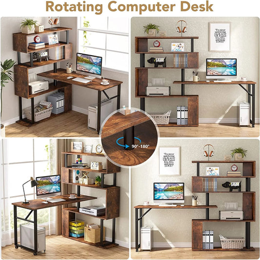 Rotating Desk, Reversible Computer Desk with 5 Shelves