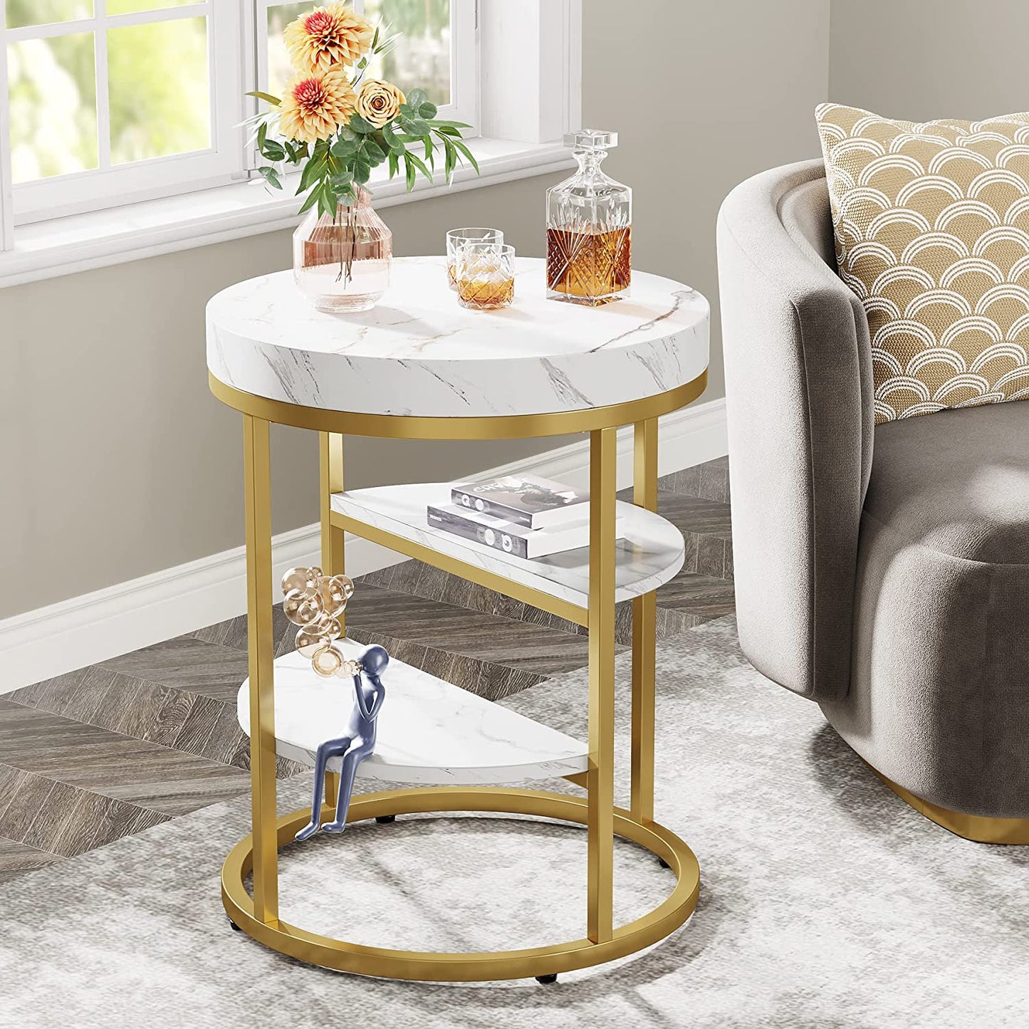 Tribesigns End Table, Round Side Table Nightstand with 3 Tiers Shelves