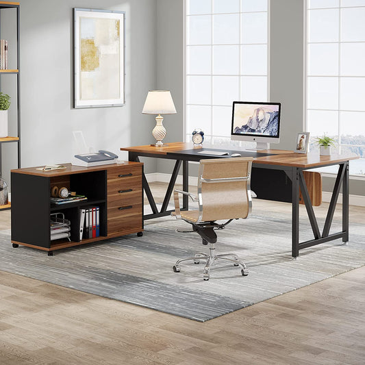 L-Shaped Desk, 70.8" Executive Desk with 35.4" File Cabinet