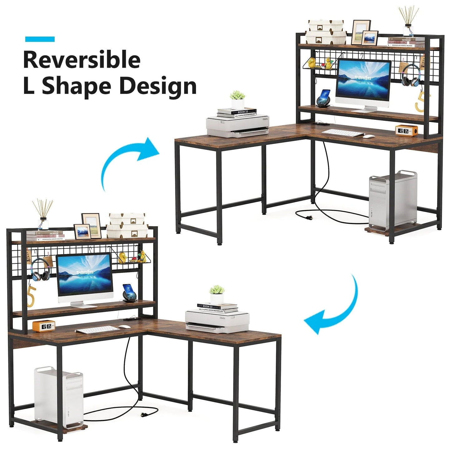 L-Shaped Desk, Reversible Corner Computer Desk with Power Outlet